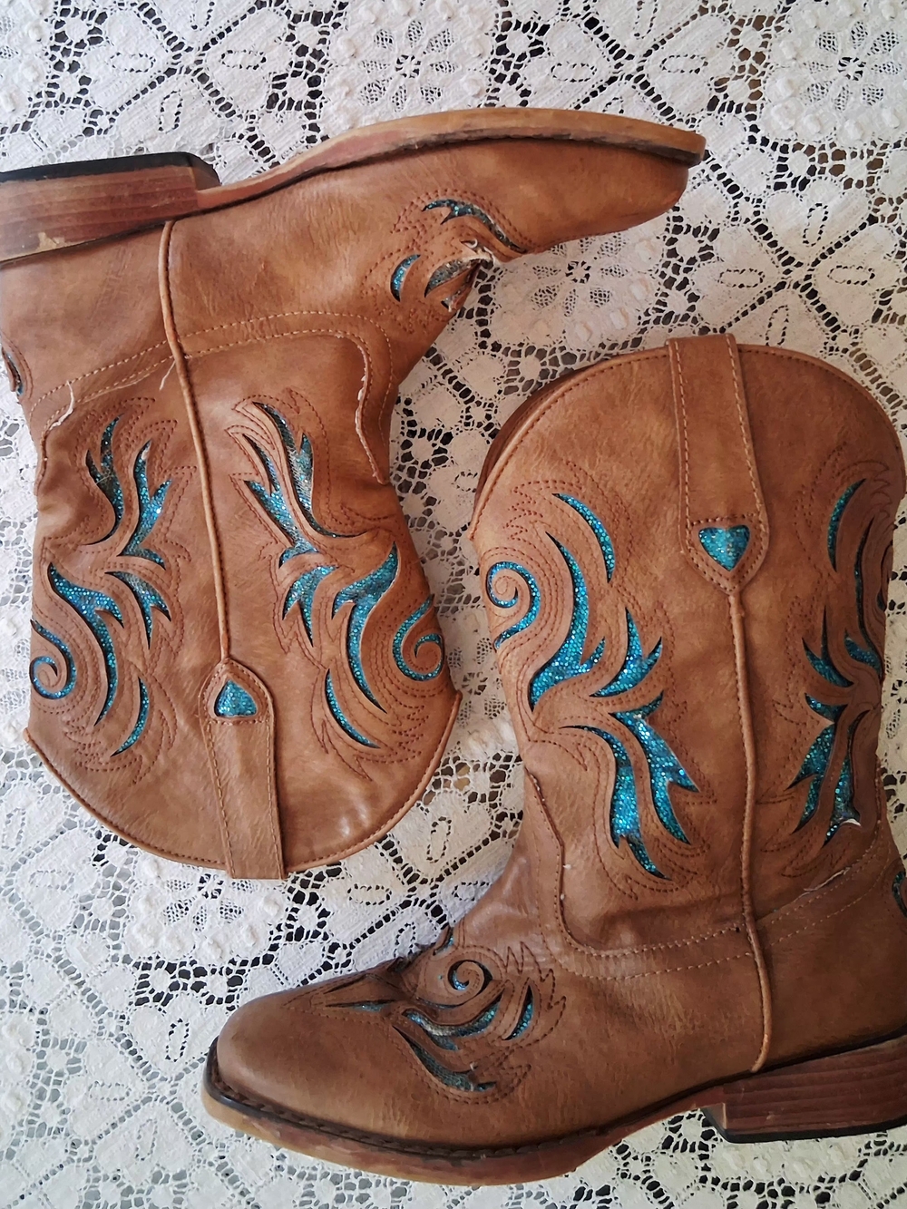 Justin Brown Western Boots with Turquiose Glitter Embroidery - Kids 3